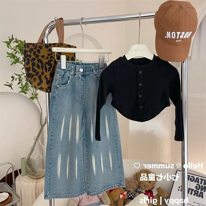 Комплект Детской Одежды Для Девочек — Топ Trikotazh С Длинными Рукавами И Джинсовыми