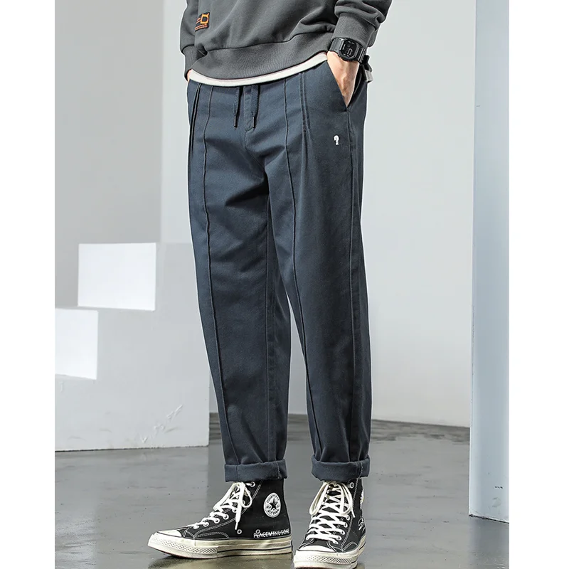 Men Clothing Trendy Casual Blue Pants Brand Overalls Men's Twill Lanyard Men Trousers Loose Straight Solid Color Trousers Autumn