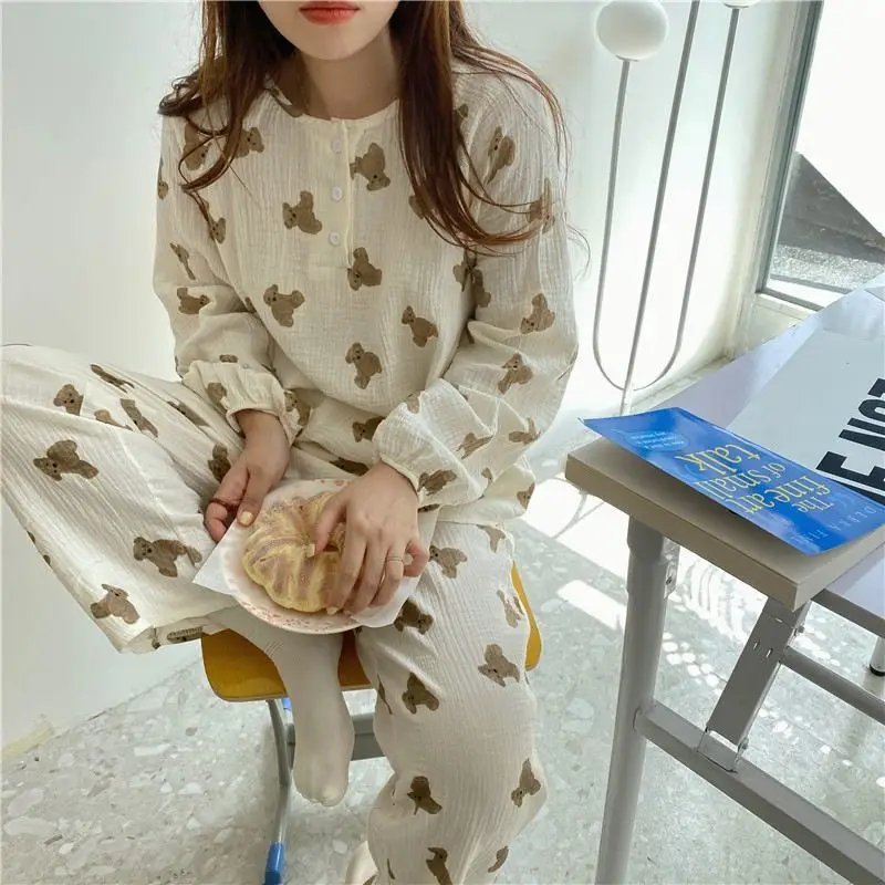 QWEEK Pijamas Women Cotton Two Piece Set Round Neck Kawaii Bear Pajamas Girls Sleepwear Nightwear Loose and Soft Pyjamas Cute