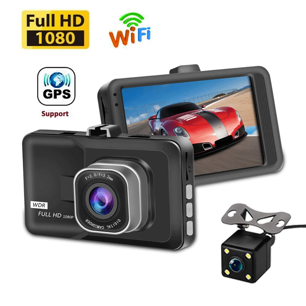 

Автомобильный видеорегистратор Wi-Fi Full HD 1080P, видеорегистратор с камерой заднего вида, видеорегистратор с черным ящиком и функцией ночного видения, Автомобильный видеорегистратор, автомобильная камера, GPS-трекер