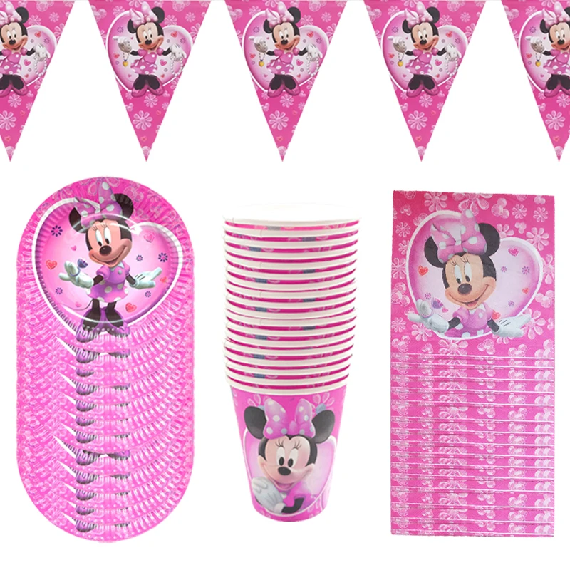 

Disney Minnie Mouse Birthday Party Decoration Disposable Tableware Paper Plate Cup Napkin Pennant for Kids Girls Birthday Decor