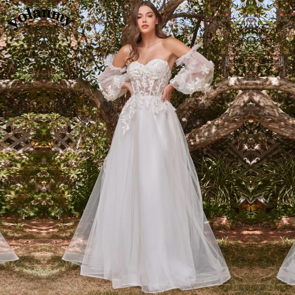

YOLANMY Aline Strapless Puffy-Sleeves Zipper Appliques Illusion Wedding Dresses For Mariages Fairytale 2023 Made To Order