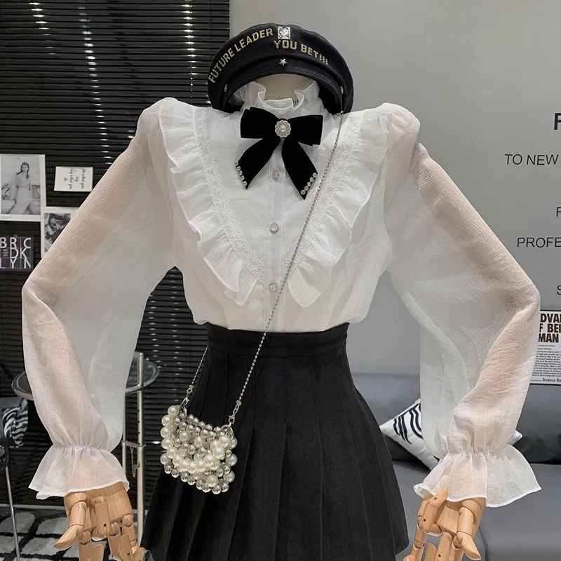 

Temperament Sweet Lady Splicing Bow Knot Versatile Long sleeved Shirt for Women blusa mujer moda 2023