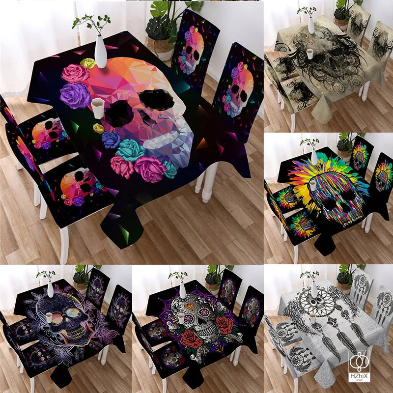 

Black and White Gothic Skull Printing Rectangular Table Cover for Table Party Wedding Decoration Washable Anti-stain Manteles