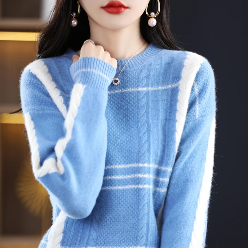 2022 Autumn And Winter New Cashmere Sweater Ladies Pullover Sweater Colorblock 100% Pure Wool Knitted Fashion Casual Sweater