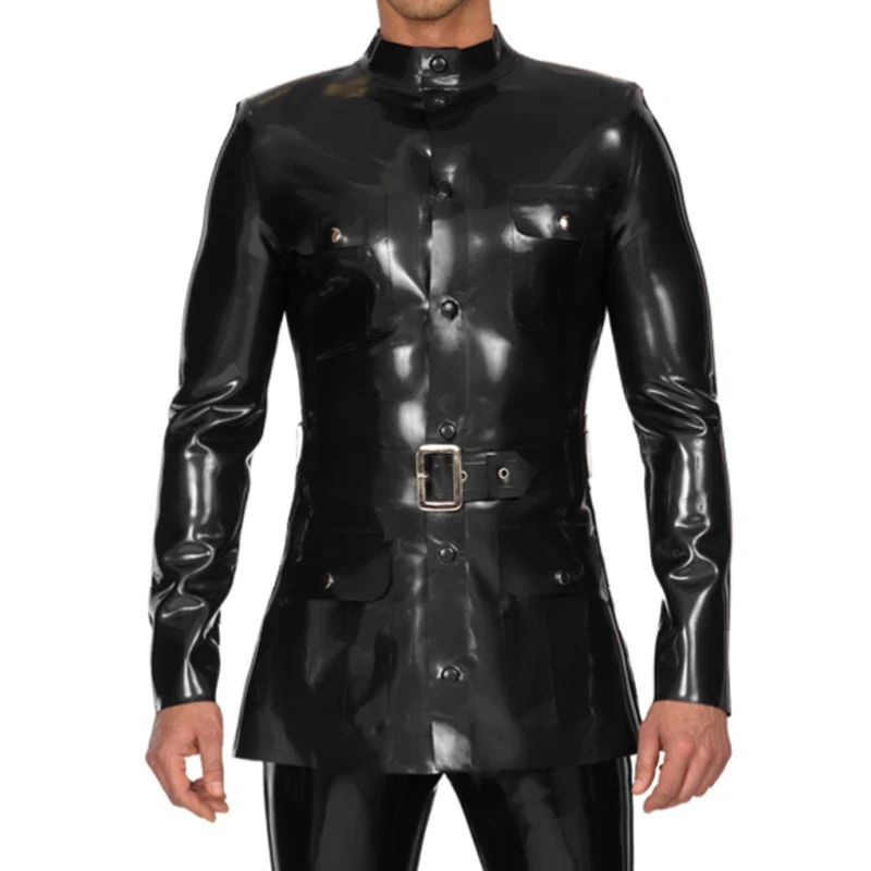 

Черные пикантные латексные военные куртки с ремнями и карманами резиновые пальто