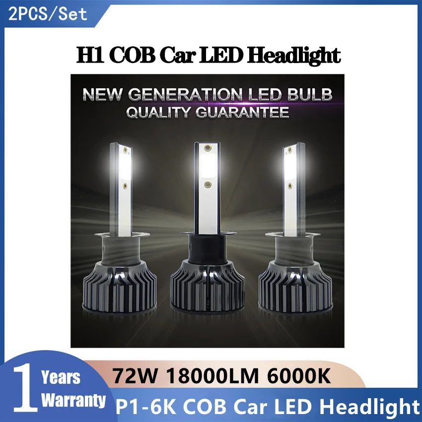 

P1-6K High Power H1 Beam Super Bright Led Bulb H7 9005 COB Car LED Headlight Bulbs 72W 18000LM 6000K Auto LED Headlamp