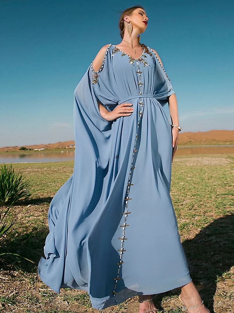 Beading Party Abaya Arabic Evening Dresses Women Lined Chiffon Flowy Kaftan Muslim Wedding Dubai Saudi Gulf Gown Abayas 2022