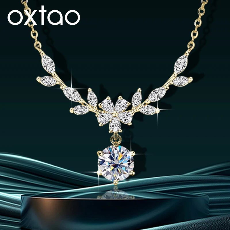 Фото OXTAO Изысканное колье с муассанитом в цветочном стиле, 2 карата, VVS1, с покрытием из 14-каратного золота, для женщин, романтическое свадебное украшение №1