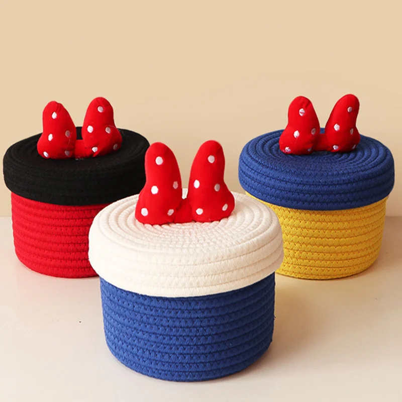 

Woven Storage Basket Cotton Hand Bow Knot Needle and Thread Storage Cute Kids Desktop Organizer Sundries Storages with Cover Box