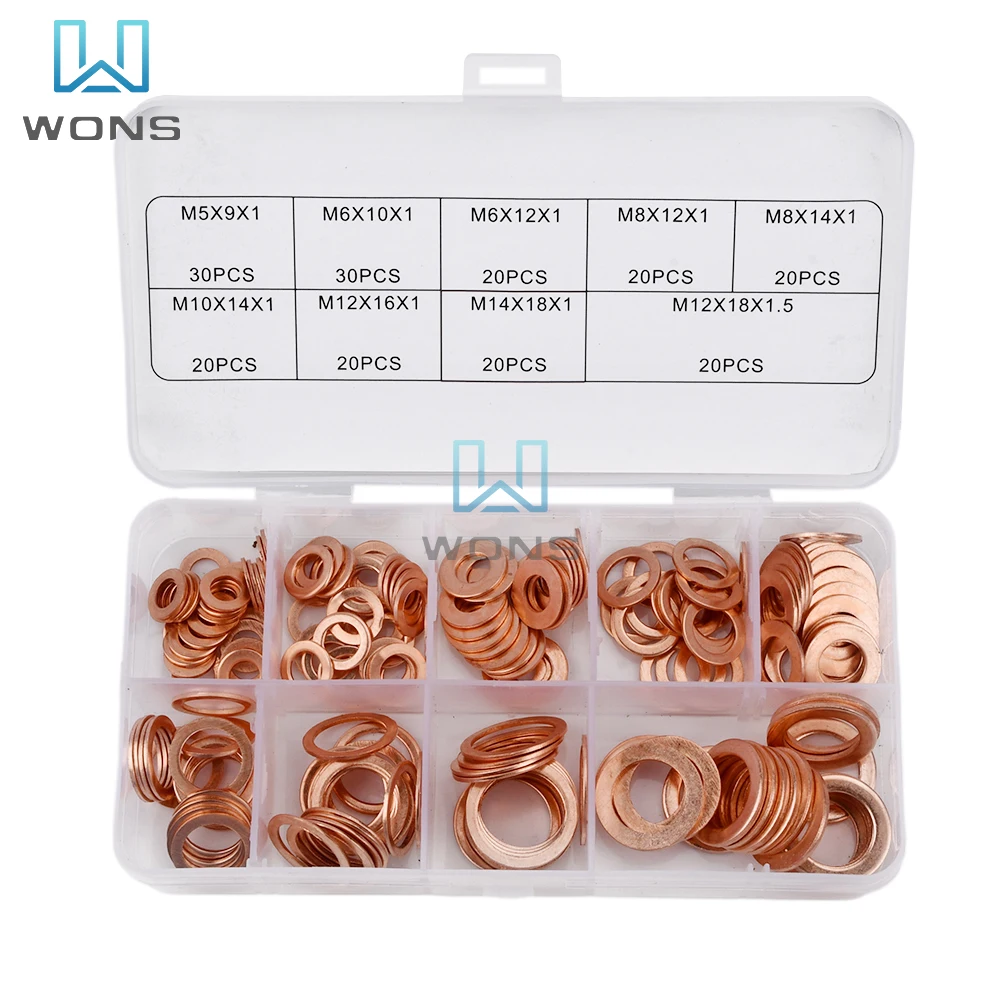 

200PC Copper Washer Oil Seal Gasket M5 Flat Washer O-Ring Seal Assortment Kit with Box M6 M8 M10 M12 M14 M16 M18 for Sump Plugs
