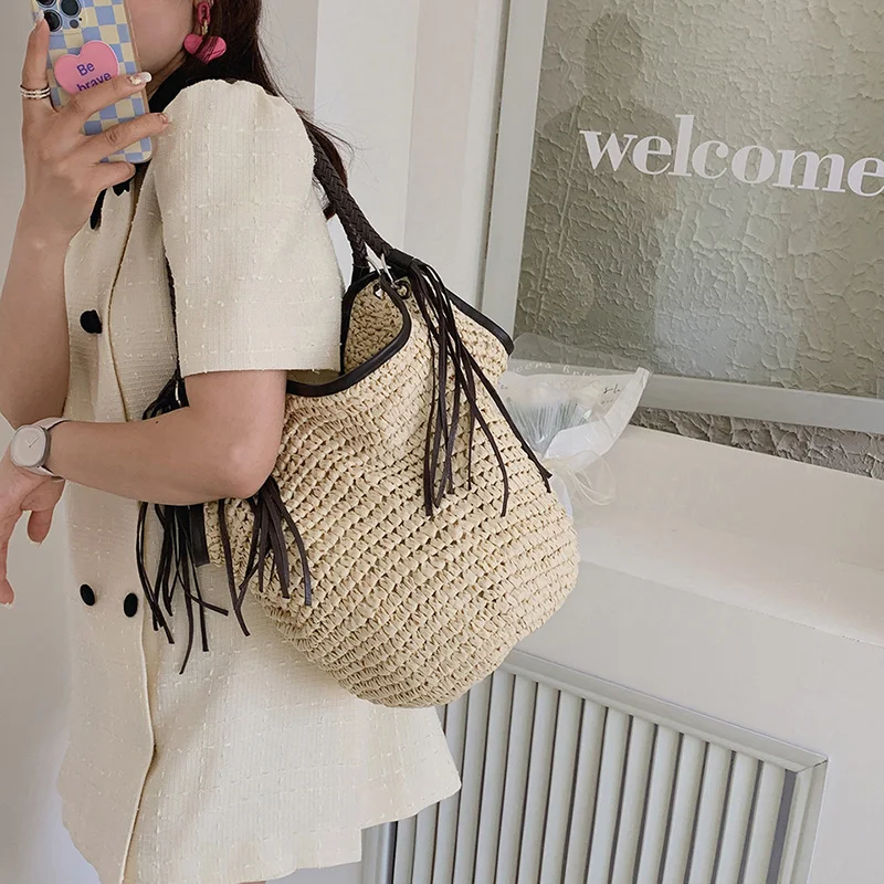 

Женские соломенные пляжные сумки Gusure ручной работы богемные сумочки Летняя мода Женская Новинка 2023 повседневные сумки через плечо с кисточ...