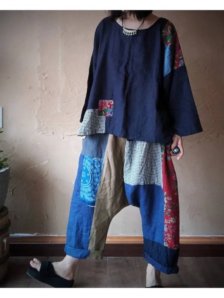 Брюки-султанки женские хлопково-льняные в стиле пэчворк свободные винтажные