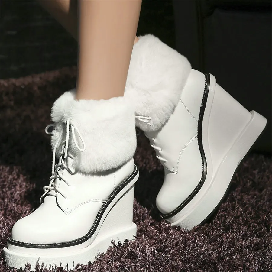 Warm Fur Pumps Women Lace Up Genuine Leather Super High Heels Snow Boots Female High Top Round Toe Fashion Sneakers Casual Shoes