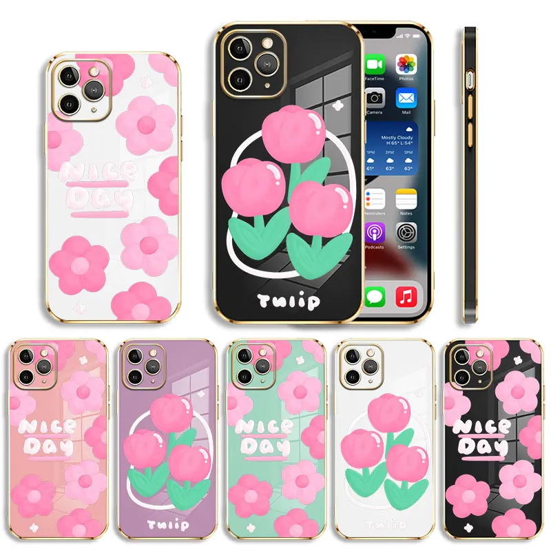 

Plating Phone Case For iPhone 14 13 12 11 Pro Max Mini X XR XS Max 7 8 6 6s Plus SE Shell Pink Cute Tulips Flower Nice