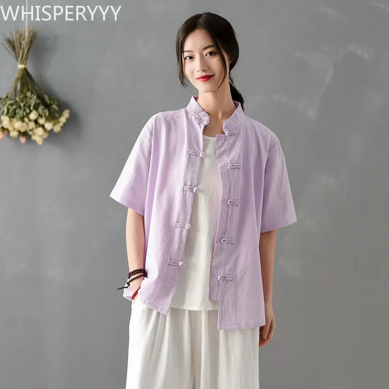 

Женская рубашка в китайском стиле, рубашка из хлопка и льна в стиле ретро, Топ в стиле тайцзи, традиционные китайские костюмы с коротким рукавом, весна-лето 2023