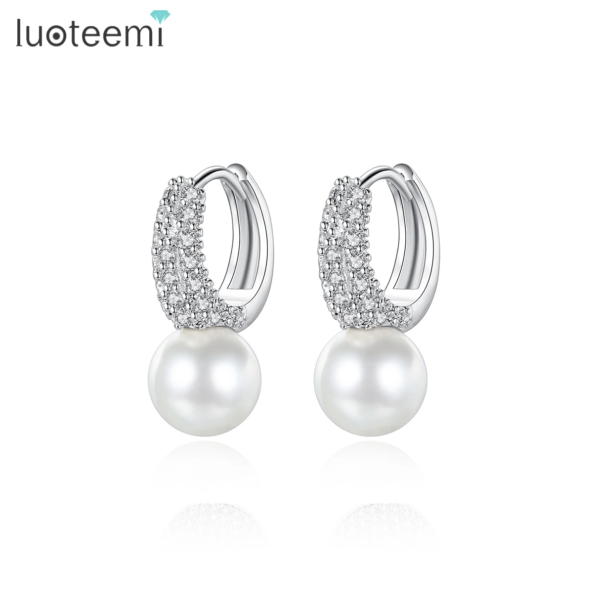 

LUOTEEMI Simulated-Pearl white gold-Color Tiny CZ Paved Hoop Earring Bridal Wedding Women Earing Jewelry Brinco Perola Noiva