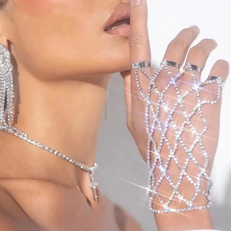 

Fashion shiny Rhinestone sling Bracelet finger chain bridal mesh design wedding bridesmaid Bohemian Gold Jewelry Ring Bracelet