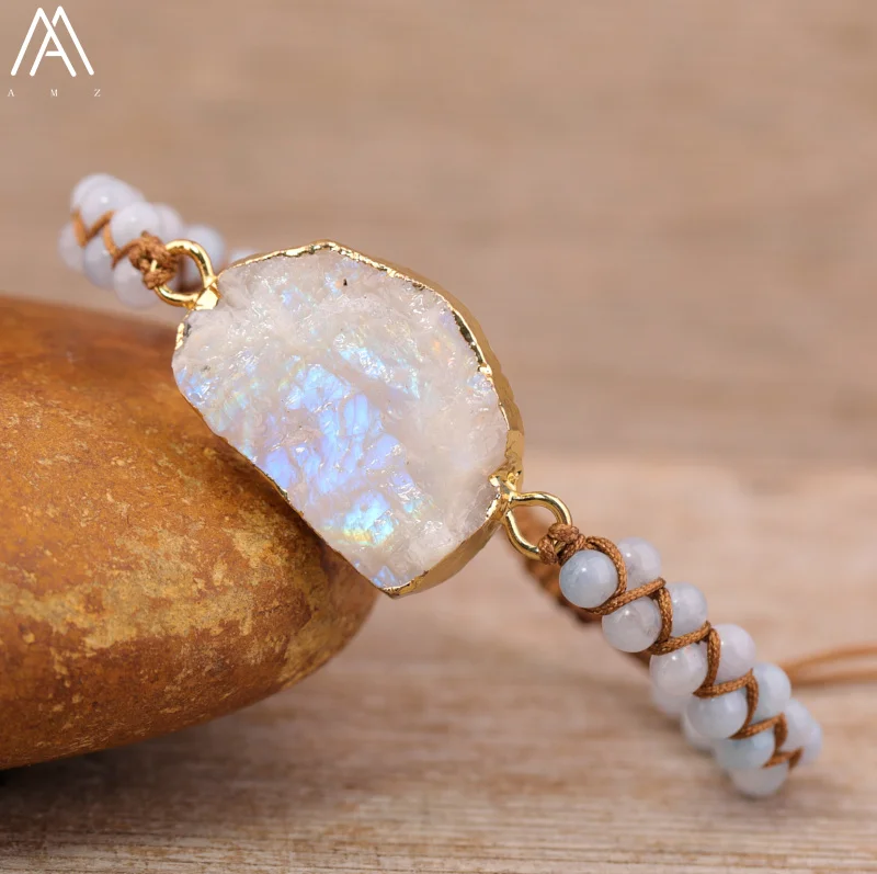 

Fashion Women Moonstones Charms Woven Bracelet Natural Labradorite Stone Adjustable Bracelet Boho Women Jewelry Gift Bijoux