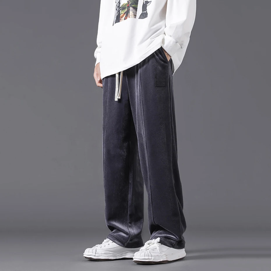

Men Winter Casual Pants 2022 New Solid Elastic Waist Loose Straight Sweatpants Vintage Hip Hop Baggy Joggers for Male