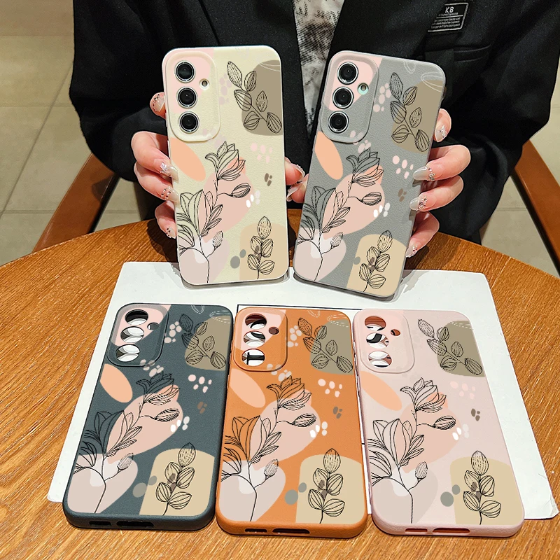 Чехол Line Flower для Samsung Galaxy S24 S23 Ultra S22 S21 S20 FE A14 A15 A16 A25 A34 A35 A52 A53 A54 A55 5G Capa Leather Texture