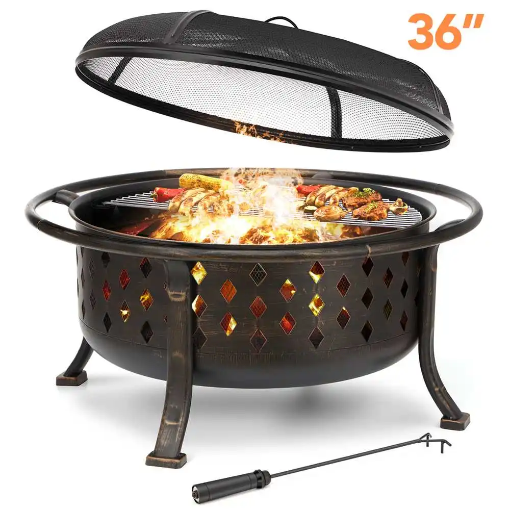 

36in Fire Pits Outdoor Large Wood Burning Firepit Heavy Duty Steel Bronze Bonfire Pit for Patio Backyard Garden with BBQ Grate