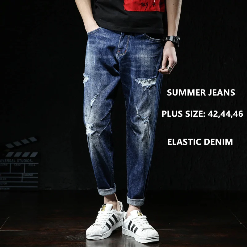 

Men Jeans Fashions Ripped Fit Denim Hip Hop Harem Plus Size 42 44 46 Scratched Summer Ankle Length Cotton Trousers Cowboy Pants