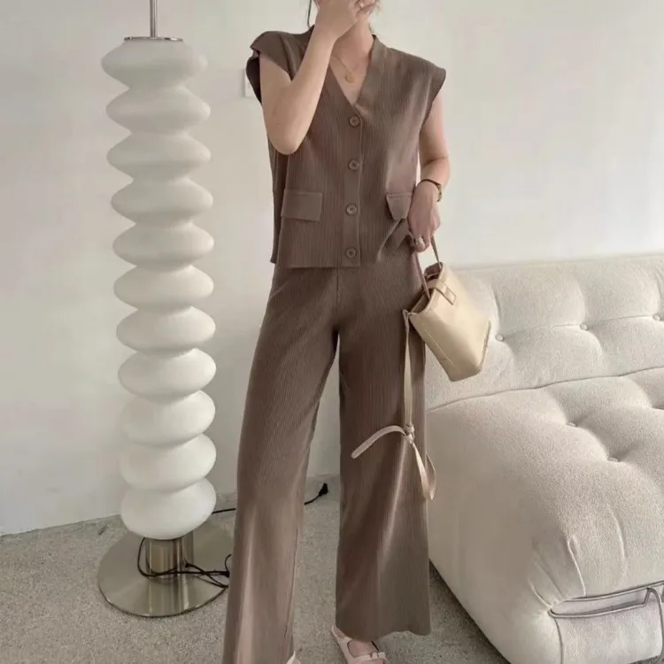 

Korean Summer Knitted 2 Peice Set Women V-Neck Single-Breasted Cardigan Top + Casual Wide Leg Pants Suit Tracksuit