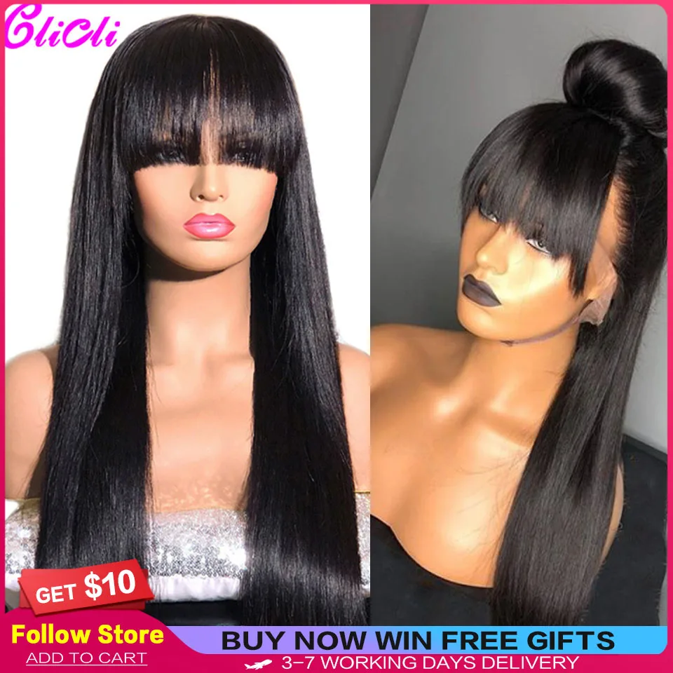 13X4 Lace Front Straight Human Hair Wigs With Bangs PrePlucked 4X4 Closure Wig Brazilian Silk Straight Hd Lace Frontal Wig 180%