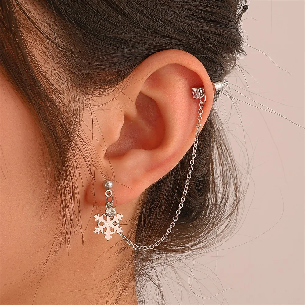 

Simple Fashion Snowflake Stud Earrings Micro-set Zircon Long Double Ear Chain Earrings One Piece Earrings