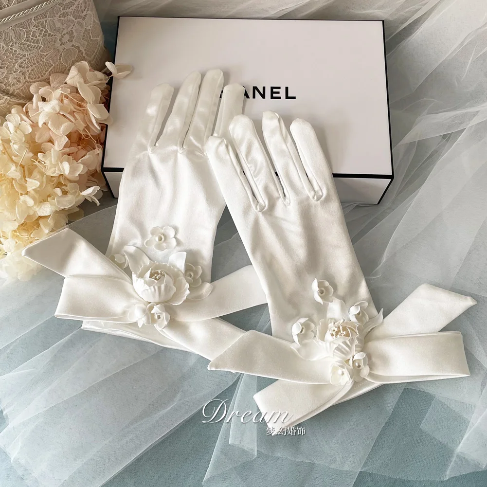 

Romantic Vintage White Bridal Gloves Wedding Short Bow Gloves Party Wedding Decoration Dress Accessories Shooting Props