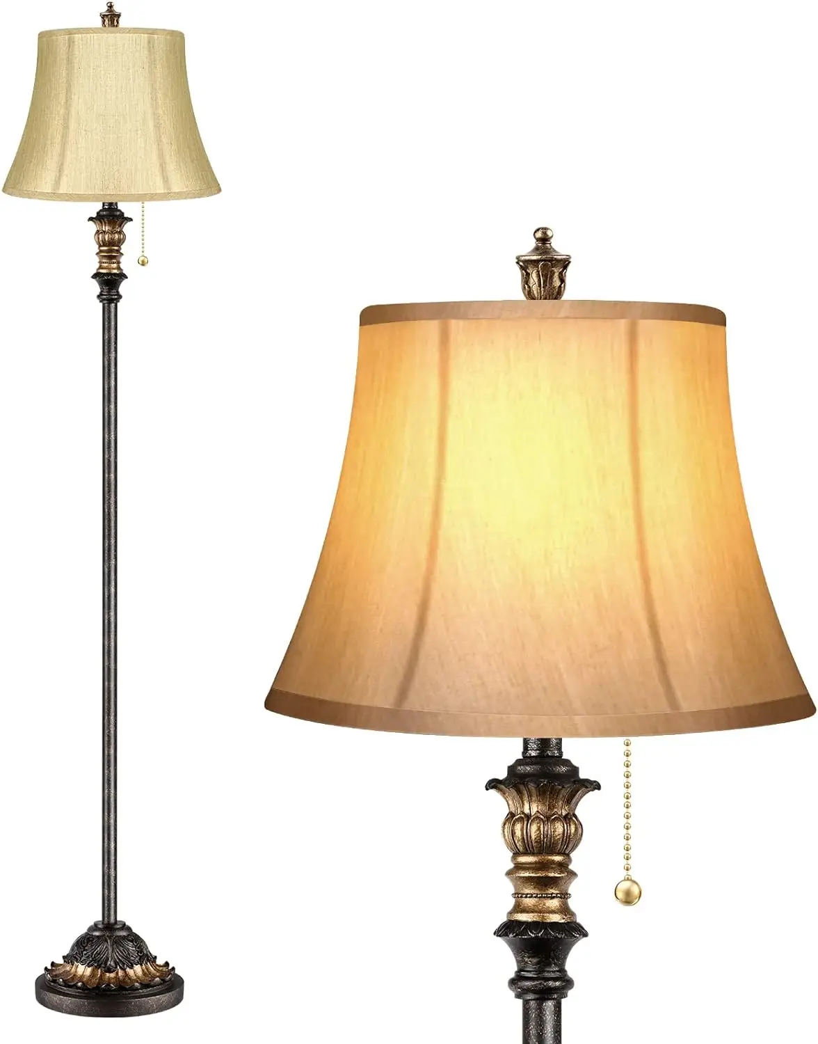 

Напольная Лампа, Классическая Напольная Лампа с 2 лампами из шелковой ткани, бронзовый винтажный высокий полюсный светильник для гостиной, спальни, офиса