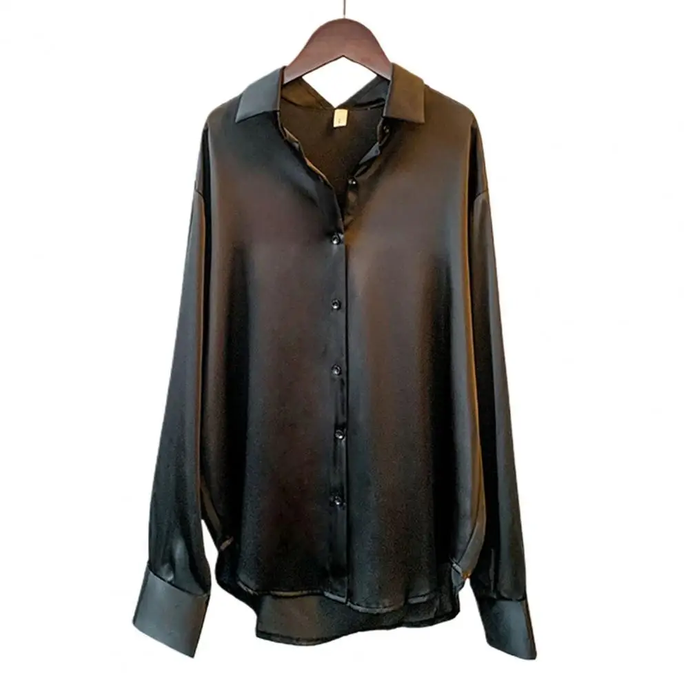 

Single Breasted Women Shirt Turn-down Collar Smooth Long Sleeve Solid Color Loose Blouse Women Clothing Spring