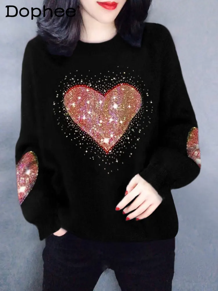 

Тяжелая промышленность Любовь Стразы черный свитер для женщин 2022 осень и зима круглый вырез пуловер Модная трикотажная одежда джемпер для ...