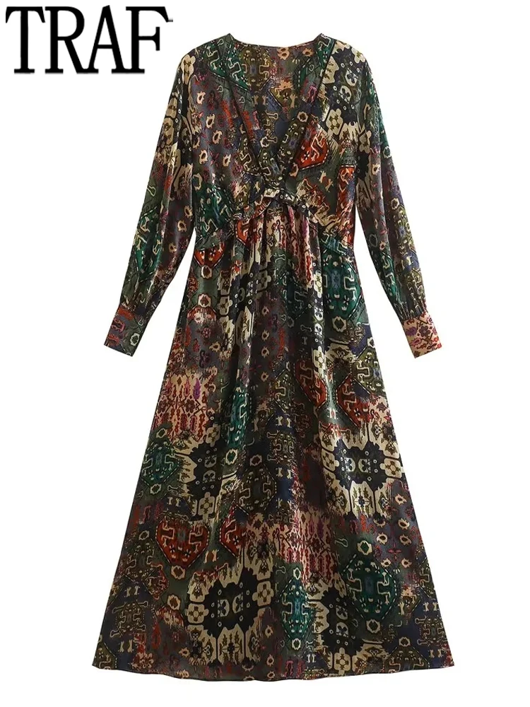 

TRAF Printed Satin Dress Woman Midi Vintage Dress 2022 Long Sleeve Long Dresses For Women Autumn Winter Casual Women's Dresses