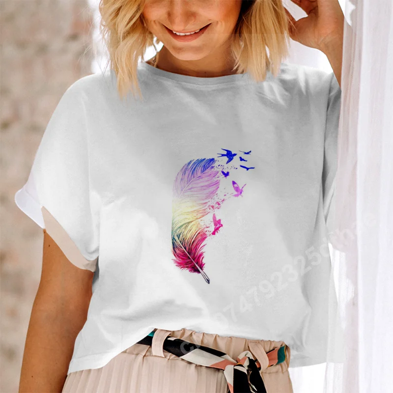 

Watercolour Feather Print T Shirt Women Trend Short Sleeve Top Casual Loose Fashion Tees Pullover Summer OverSize Female Clothes