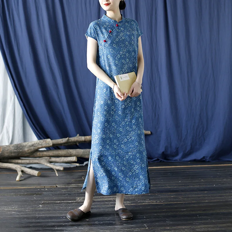 Chinese Dress Qipao Summer Ethnic Style Cotton and Hemp Digital Printing Dress Women Plate Button Split Qipao Skirt