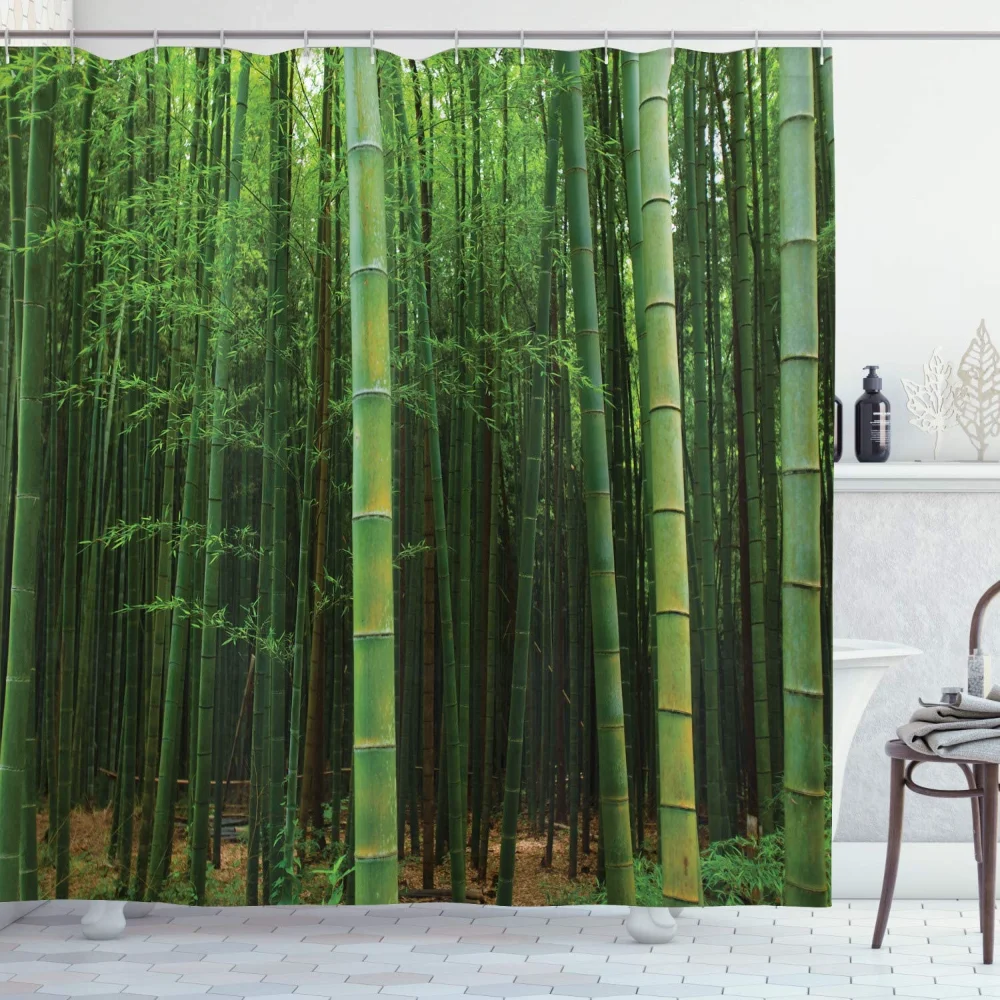 

Green Bamboo Landscape Shower Curtain Hook Bath Accessories Set Spring Plant Shower Curtains Home Decor Fabric Bathroom Curtain
