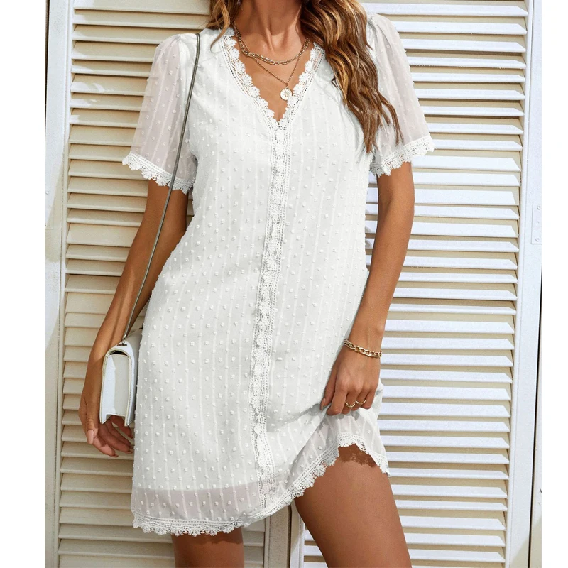 

Lace Dresses for Women Oversized Casual Loose Formal Party Dress Elegant Ladies Summer V-neck Short Sleeve Solid Color Sundress