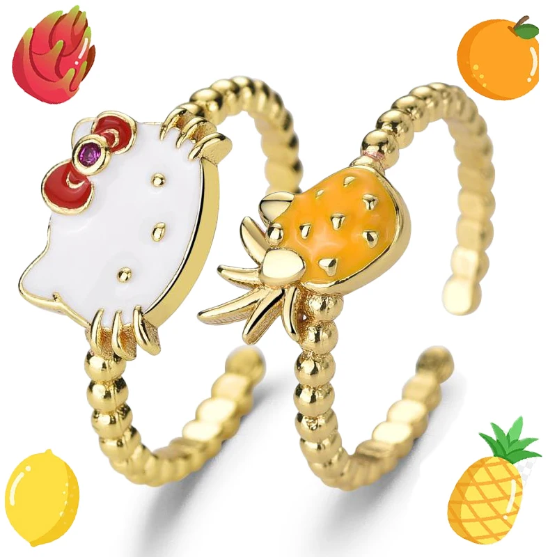 

New Hello Kitty Gold Color Rings 2022 Kawaii Cartoon Pineapple Open Ring Female Adjustable Finger Rings Fashion Jewelry Girl Toy