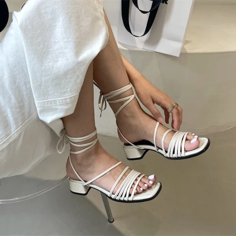 

Bailamos Women Lace Up Sandals Low Heel Back Strap Summer Gladiator Shoes Square Low Heel Casual Sandal Narrow Band Zapatos Muje