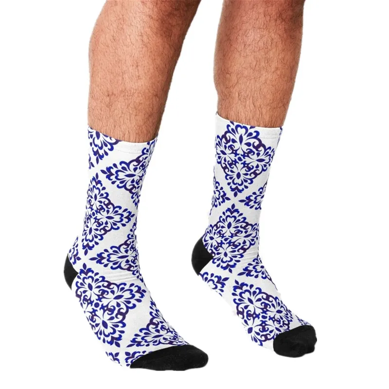 

Men's Funny socks Delft pattern Printed Socks harajuku Men Happy hip hop Novelty cute boys Crew Casual Crazy Socks for men