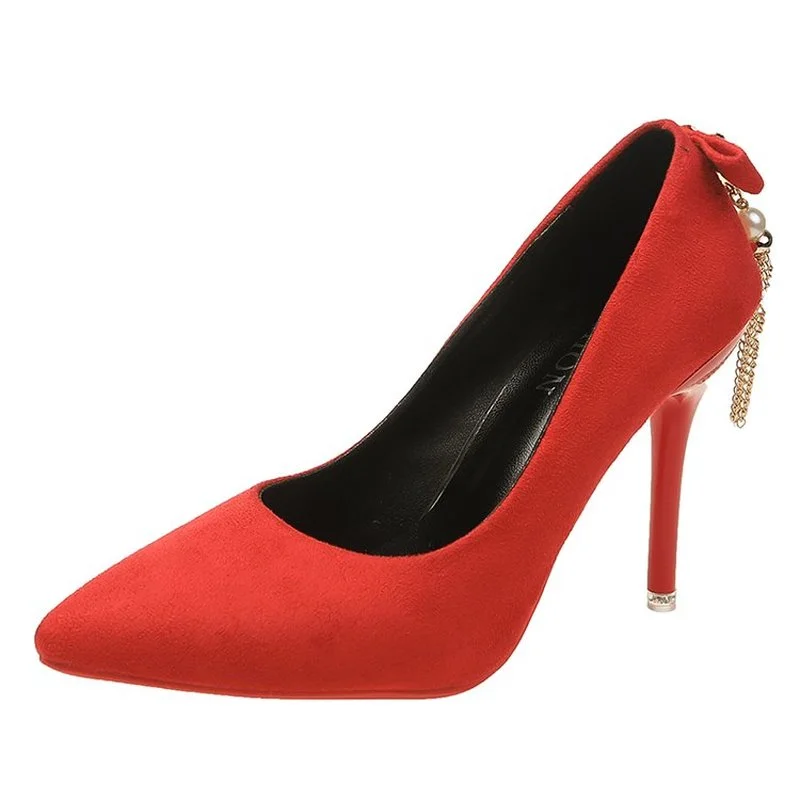 

High Heel New Bowknot Tassel Women Shoes Pointed Toe Suede Red Rubber Bottom High Heels Dress Bride Wedding Shoes Plus Size 45