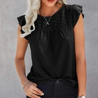 summer women t shirt solid color o neck embroidery flying sleeves hollow out tops s 2xl