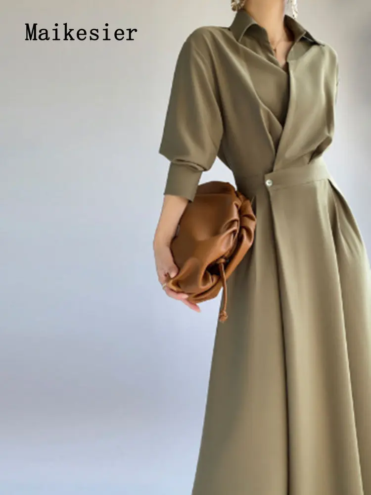 

Новинка весеннее женское платье 2023 длинное однотонное повседневное шикарное и элегантное женское платье французские модные деловые платья