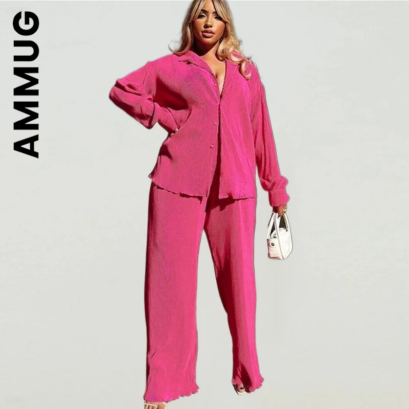 Ammug Fashion Women Set Elegant Tracksuit Basic Long Pants Sportswear Office Lady Long Sleeve Lapel Jacket Coat Suits Female