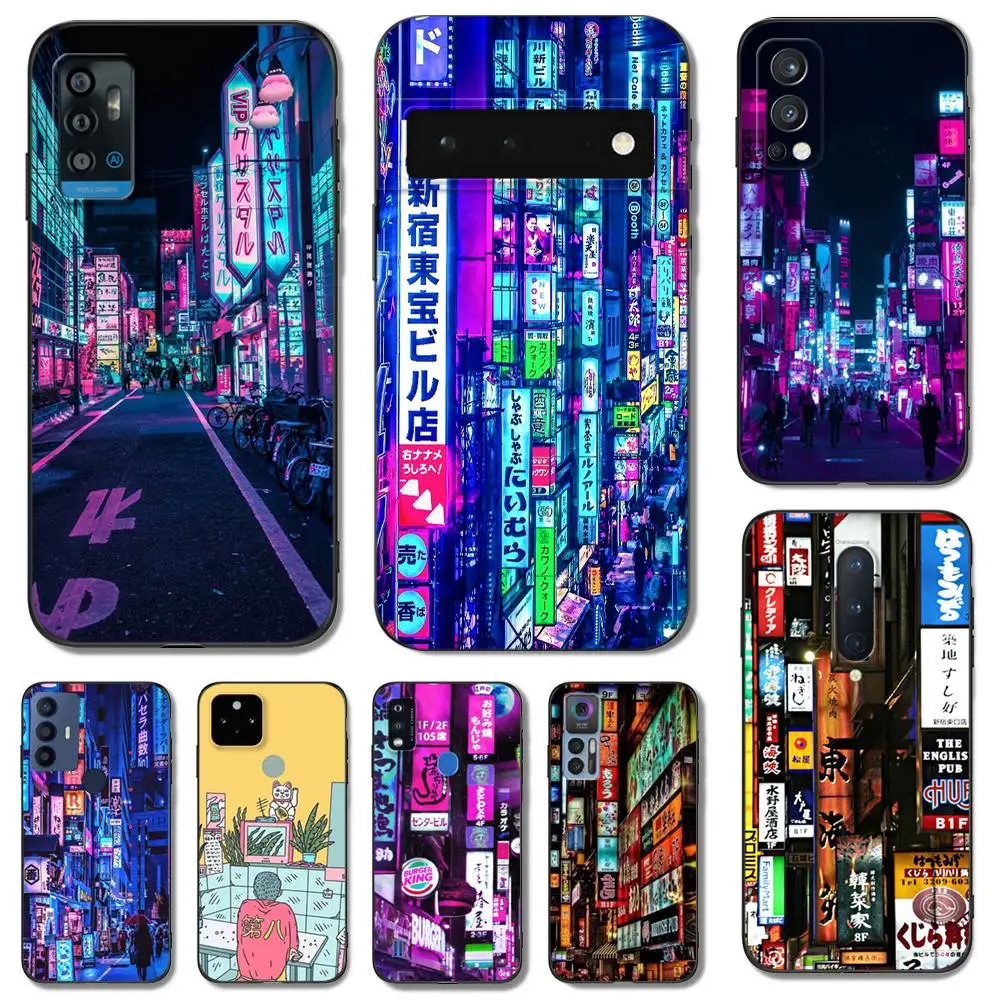 Черный чехол ТПУ для телефона TCL 30 plus 303 30XE 30V 30SE E 306 305 неоновый город Токио