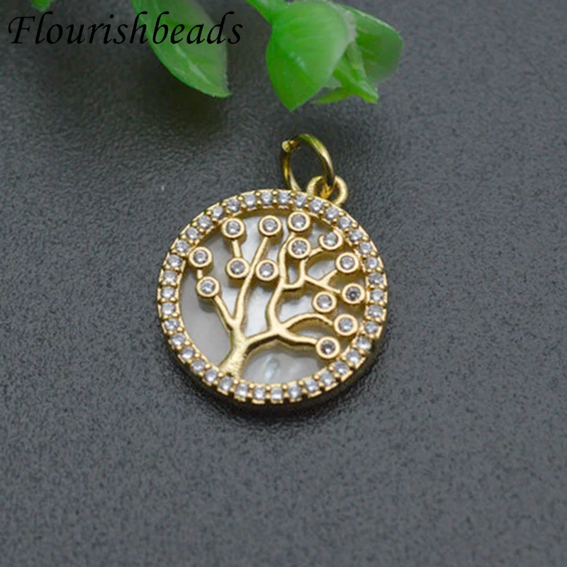 10pc/lot Wholesale Gold Plated Natural Rainbow White CZ Pave Copper Round Life Tree Mother of Pearl MOP Shell Charms Pendants