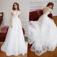 elegant a line lace appliques wedding dress 2022 boho short sleeves bridal gowns illustion back tulle pearls vestido de novia