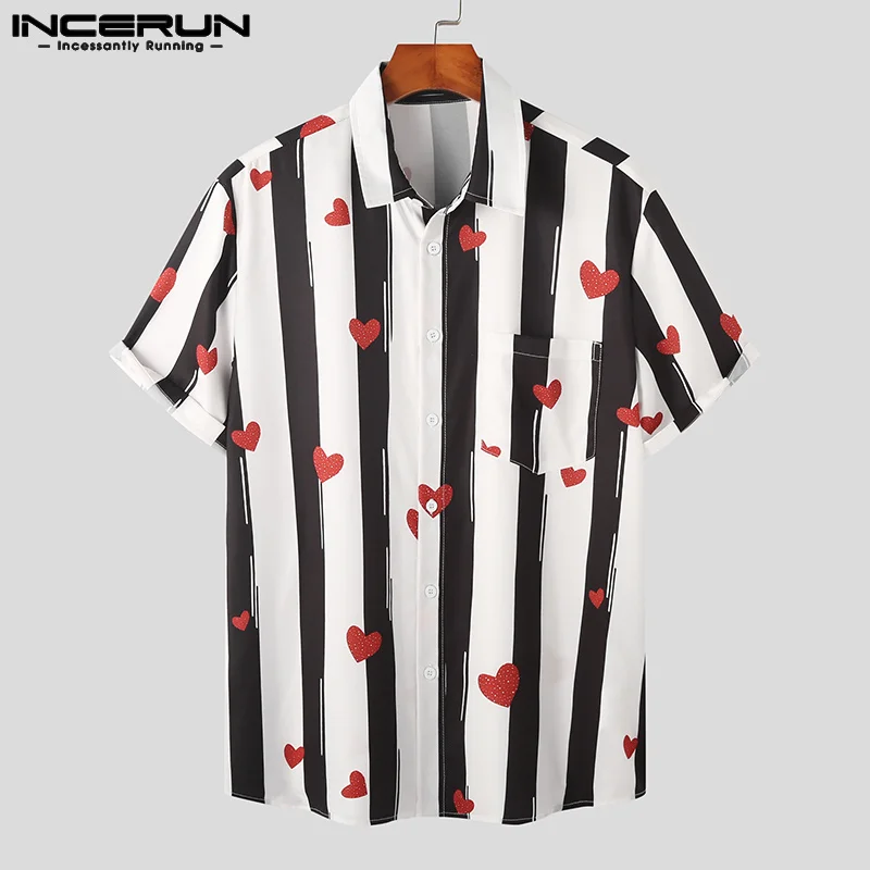 

Fashion Casual Style Tops INCERUN Men's Love Black&White Stripe Pattern Shirts Party Show Hot Selling Short Sleeve Blouse S-5XL